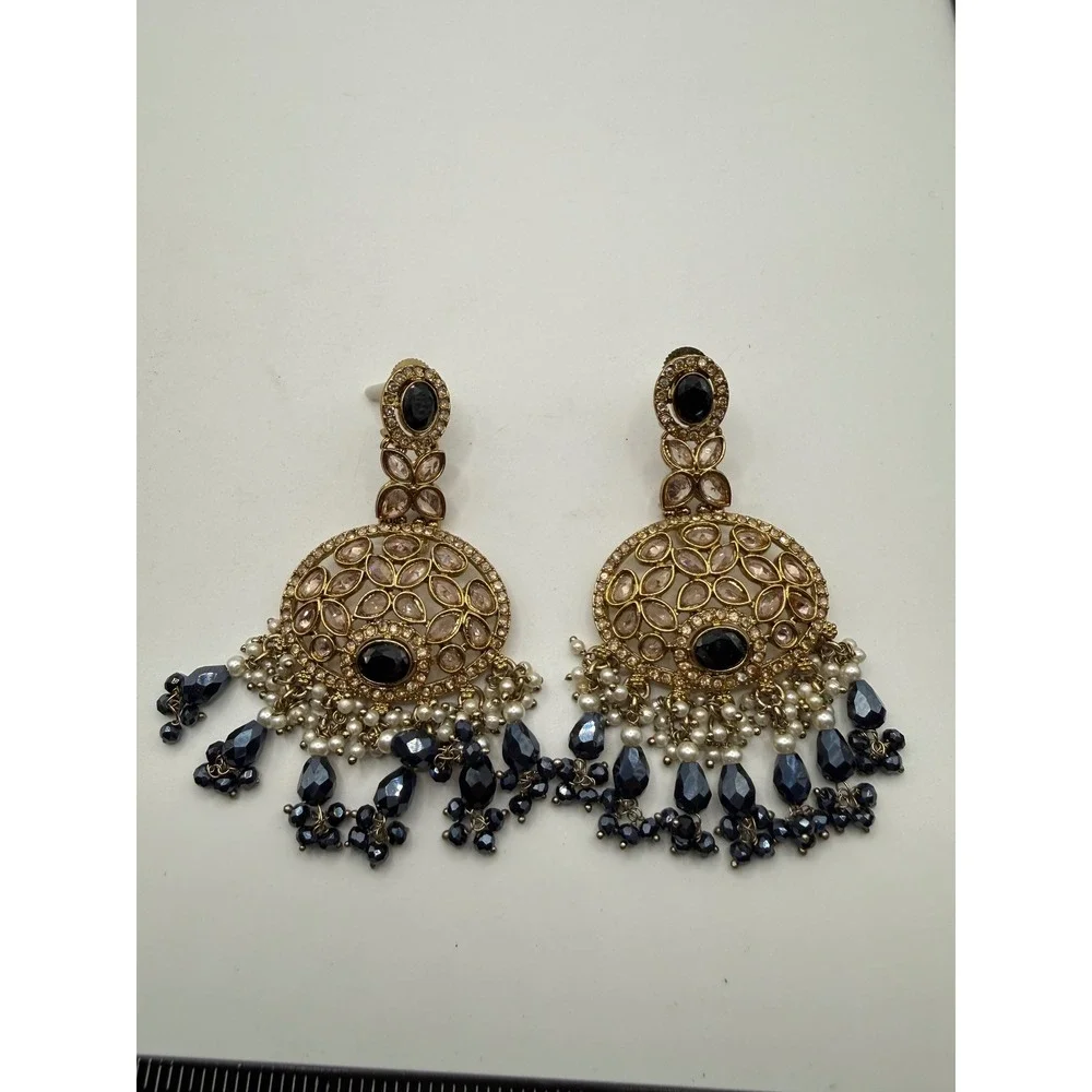 Gold Tone Chandelier Earrings Stone Navy Blue Crystal Pearl Statement Dangle